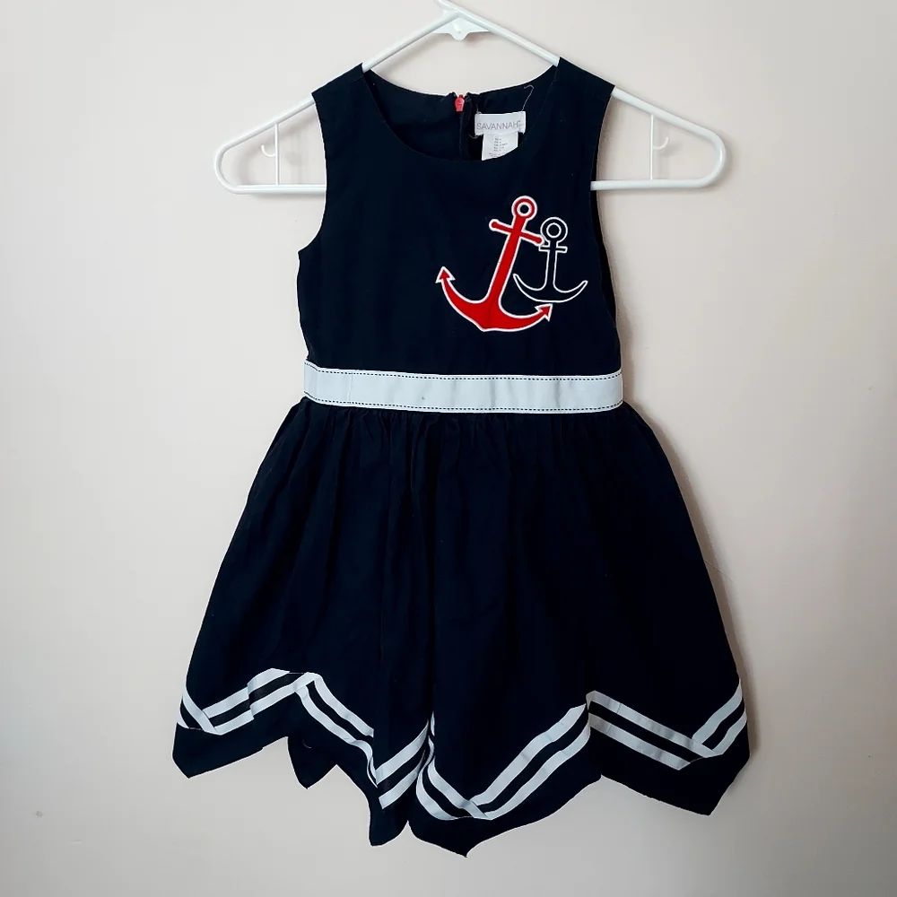 Savannah Navy Sailor Anchor Cotton sharkbite hem dress size 6 Nautical Coastal